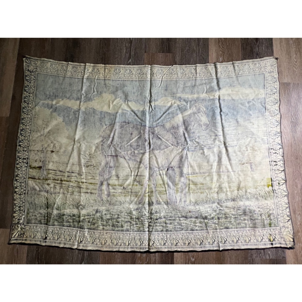 Vintage Velvet Horse Tapestry Wall Hanging Blue Green 38x54 Mare Foal - Picture 5 of 6